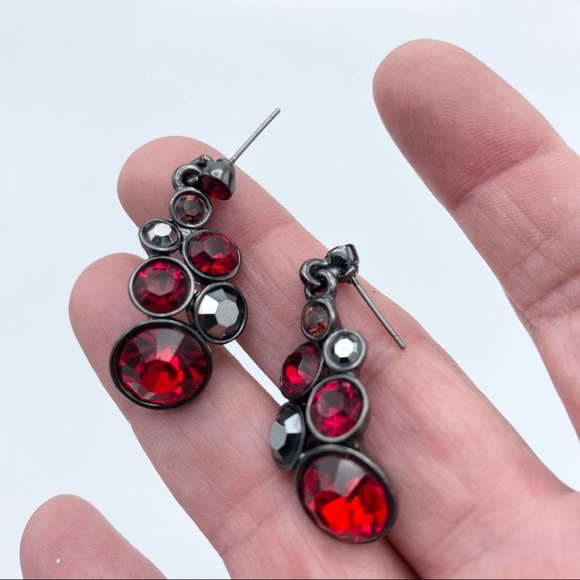 Faux Garnets Red Multi Faceted Gunmetal Tone Dangling Pierced Earrings - Picture 5 of 9